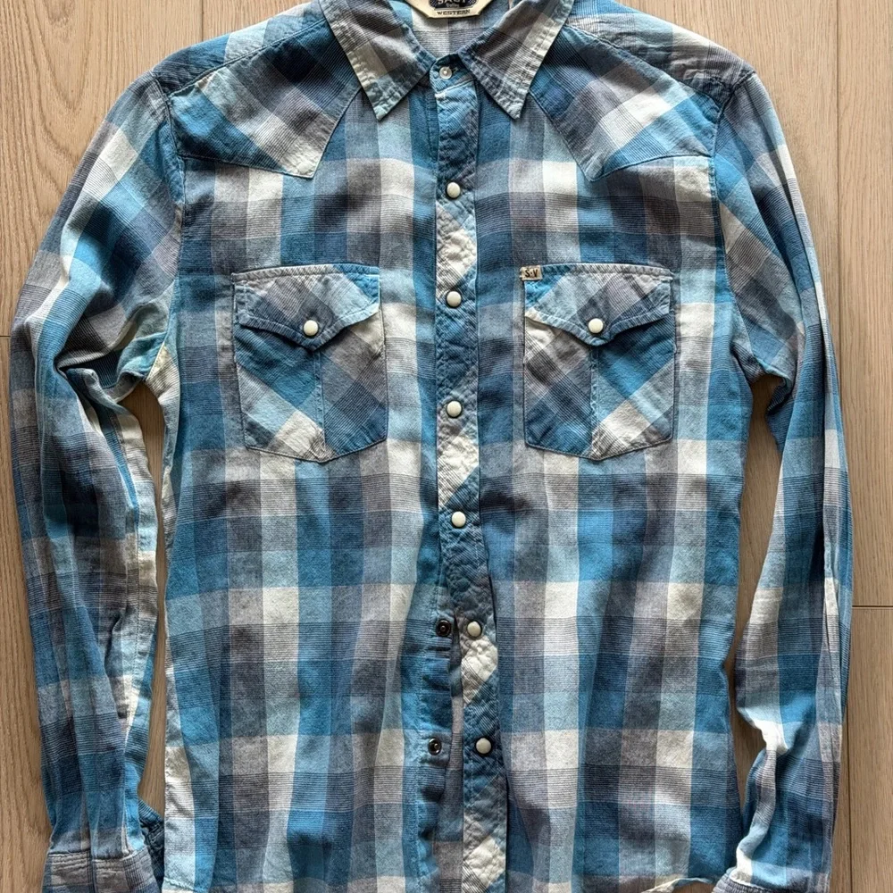 Salt Valley Western Blue and Gray Plaid Casual Shirt - Picture 1 of 2